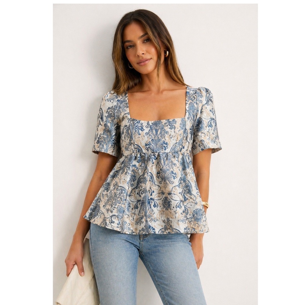 Free People Top Womens S Blue Eloise‎ Jacquard Peplum Blouse Square Neck Brocade